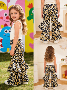 Pantalones de chándal con volantes personalizados para niña pequeña, pantalones acampanados con estampado de leopardo para niña, pantalones de fitness, fábricas de ropa para bebés <span class=keywords><strong>en</strong></span> Guangzhou - Product Image 5