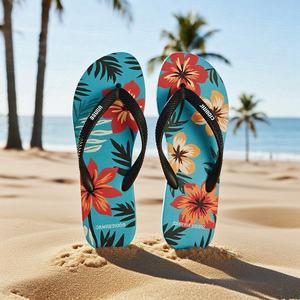 Chanclas Personalizadas con Estampado Floral Tropical para Mujer, Sandalias de Playa Azul Turquesa, con Correa Negra, para Verano, Uso en Exteriores, de Fábrica - Product Image 1
