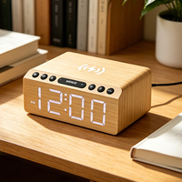 Nachtkastje met FM-radio, slimme elektrische BT-speaker, tafellader, houten LED-digitaal wekker met draadloos opladen