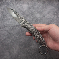 Couteau pliant vintage Tête d'aigle 3,5 pouces en acier 3Cr13 avec anneau de poignée et clip, finition noire délavée, outil EDC extérieur de haute qualité, DIY OEM