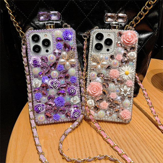 Luxury Sparkle Diamond Pearl Flower Phone Case Women Girls Rhinestone Cover Case for iPhone 17 16 `5 14 13 with Lanyard