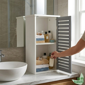 Armoire <span class=keywords><strong>de</strong></span> rangement <span class=keywords><strong>blanche</strong></span> et grise avec <span class=keywords><strong>porte</strong></span> à persiennes, style minimaliste moderne, 2 niveaux séparés pour ranger les serviettes, les articles <span class=keywords><strong>de</strong></span> <span class=keywords><strong>toilette</strong></span>, armoire <span class=keywords><strong>de</strong></span> salle <span class=keywords><strong>de</strong></span> bain - Product Image 1