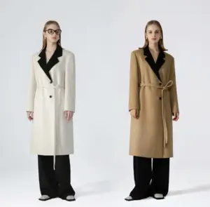 Manufactory winter wool blend rabbit hair contract color white camel grey lapel long belt coats for woman