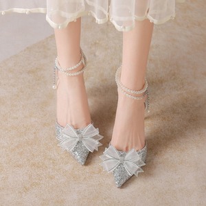 6692-19 Pearl Chain Beaded Bow Heels Graduation Party Shoes PU Leather Exquisite Luxury Adult Ceremony - Product Image 4