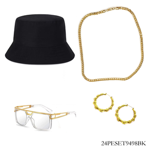 Conjunto de Ropa y Accesorios Estilo Hip-Hop de los 90: Sombrero de Pescador Negro, Cadena <span class=keywords><strong>Cubana</strong></span>, Aros, Gafas de Sol, <span class=keywords><strong>Disfraz</strong></span> Temático de Rapper para Fiesta - Product Image 4