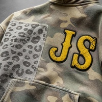 Ensemble sweat à capuche JUSHENG camouflage léopard patchwork avec imprimé lettres jaunes, survêtement deux pièces zippé streetwear