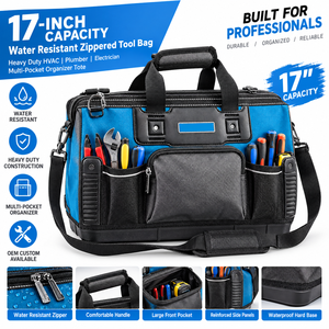 Sac à outils zippé résistant à l'eau, sac de transport multi-poches robuste pour plombier, électricien, CVC, capacité 17 pouces, personnalisable OEM - Product Image 1
