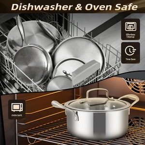 Ensemble de 5 casseroles en acier inoxydable <span class=keywords><strong>18</strong></span>/8 sans PFOA/PFAS, sans revêtement, triple couche, avec couvercle en verre, compatible <span class=keywords><strong>induction</strong></span>, passe au lave-vaisselle et au four - Product Image 5