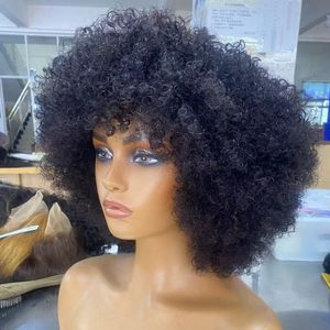 Peluca Afro Rizada Corta y Voluminosa, Estilo <span class=keywords><strong>Shaggy</strong></span>, Lista para Usar, Sin Pegamento, con Flequillo, 100% Cabello Humano, Pelucas Esponjosas Sin Pegamento - Product Image 1