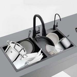 Évier de cuisine double bac utilitaire moderne en acier inoxydable 304, fait main, carré, traitement de surface nano, sous plan, deux céramiques - Product Image 5