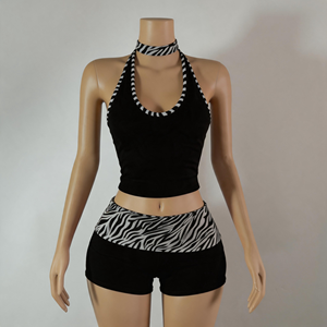 Ensemble décontracté d'été pour femme, imprimé léopard, avec crop top dos nu à col licou et short à taille plissée, personnalisable avec logo, vente en gros - Product Image 5