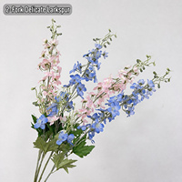 HGA Branche de fleurs artificielles de delphinium à 2 tiges, rose et bleu, style naturel fait main, durable pour la décoration de la maison et de mariages