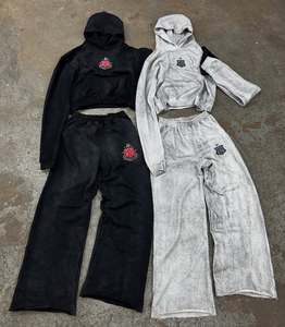OEM Custom screen print Sweat Suits Cropped Pullover Wide Leg Elastic Waist Tracksuits Hoodies and <b>Sweatpants</b> <b>Sets</b> - Product Image 1