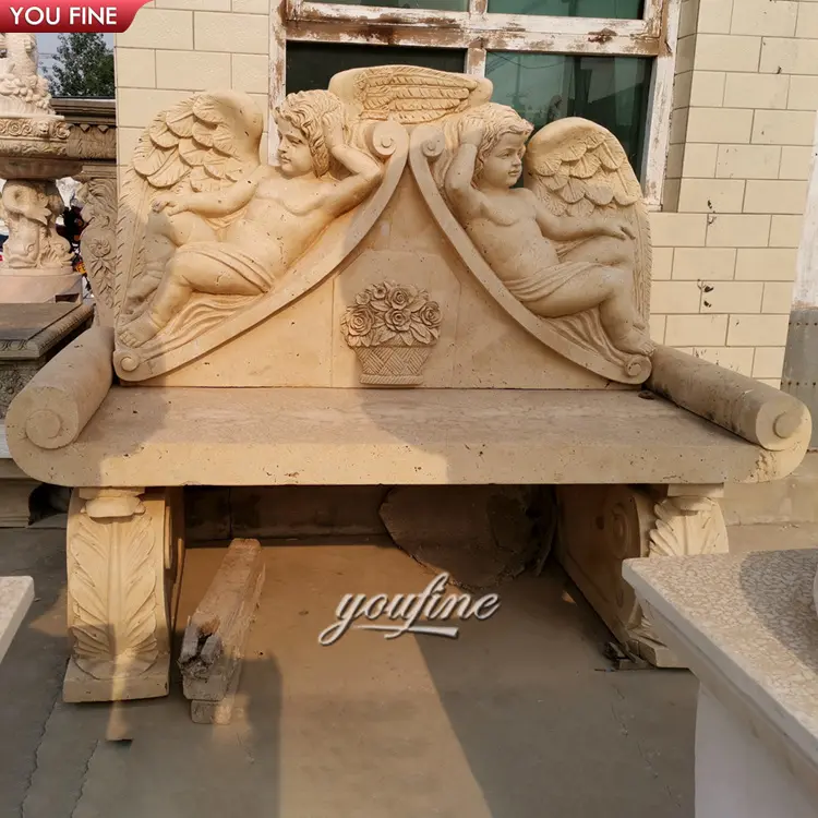 Antique Outdoor Garden Hand Carved Natural Stone Decorative Marble Angel Statue Bench Chair