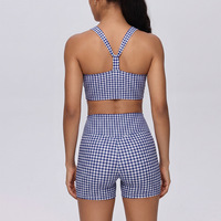 [Serre-tête offert] Ensemble de sport à carreaux pour le yoga et la course : short court taille haute effet ventre plat et brassière de sport à bretelles anti-transpiration