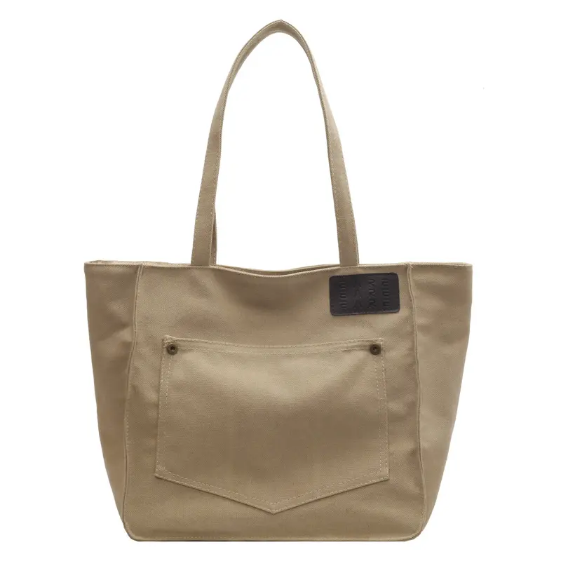 Özel etiket Chic stil büyük tuval Tote çanta saf renk alışveriş çantası dışında cepler Sling omuz çantaları kadın çanta