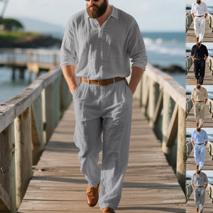 Autunno Casual per il tempo libero quotidiano da <span class=keywords><strong>uomo</strong></span> a maniche lunghe camicia <span class=keywords><strong>e</strong></span> <span class=keywords><strong>pantaloni</strong></span> due pezzi completi <span class=keywords><strong>di</strong></span> <span class=keywords><strong>lino</strong></span> <span class=keywords><strong>di</strong></span> alta qualità - Product Image 3