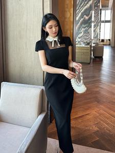 Nuovo abito da donna lungo, <span class=keywords><strong>classico</strong></span>, di colore nero, con fiocco decorativo sul collo a revers, vita alta, modello aderente a trapezio. - Product Image 3