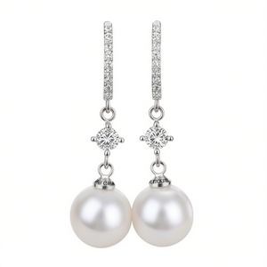 Orecchini Pendenti con Perle Mikimoto in Argento 925 Placcato Oro Bianco, Gioielli Classici da Sposa per Donna con Accento di Diamanti a Forma di Sfera - Product Image 1