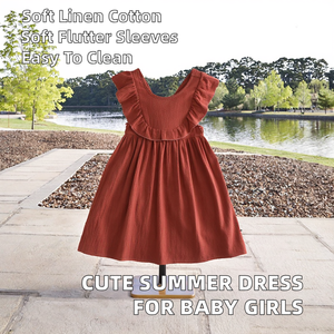 Vestido Casual de Verano para Bebés y Niñas Pequeñas, Cuello Redondo, Estampado Floral, Mangas con Volantes, Largo hasta la Rodilla, de Lino y Algodón - Product Image 1