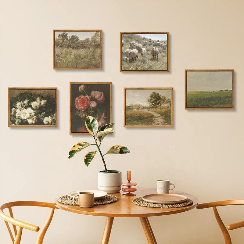 Vintage Gallery Set Wildflower Field paisaje pintura Vintage paisaje arte impresión enmarcada lienzo impresiones pared arte decoración del hogar