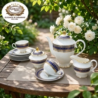 Service à café et à thé Karosa 24 pièces en porcelaine fine du Guangdong, gaufré or véritable, écologique, de luxe, pour mariage, couleur bleue populaire pour l'heure du thé