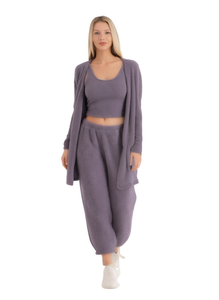 Set da casa in pile per donna, 3 pezzi, morbido e casual, con cardigan a maniche lunghe e pantaloni lunghi fino alla caviglia, abbigliamento invernale. - Product Image 1