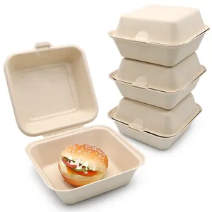 100% 生物降解甘蔗渣纸浆汉堡盒微波食品容器6x6汉堡蛤壳食品包装