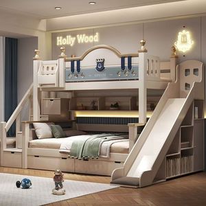 Lit superposé multifonctionnel pour enfants de conception française, lit double haut et bas pour chambre à coucher avec tiroirs et glissière - Product Image 1
