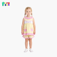 Set Pakaian Anak Perempuan Rajut Kartun Puresun Bernapas dengan Bordir Smocked, Kantong, Logo Custom, 100% Katun, Musim Panas