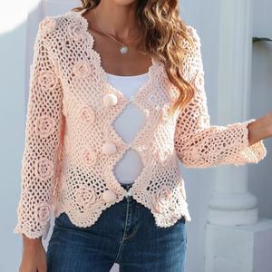 <span class=keywords><strong>Cardigan</strong></span> Lavorato all'Uncinetto da Donna per l'Inizio Primavera, Elegante e Aderente, Maglia Lunga Traforata, Maglione Casual Tinta Unita - Product Image 6