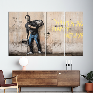 Elegante lienzo impreso con arte callejero de Banksy: decoración moderna con diseño gráfico, JUEGO DE 4 LIENZOS - Product Image 3
