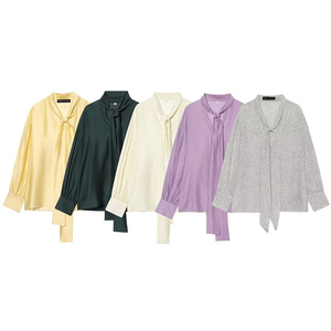 SHENZHU Femme Nouvelle Collection Printemps/Été 2026 Chemisiers en Soie Satinée Tendance et Élégants avec Nœud Papillon, Décontractés, Amples, à Manches Longues, Hauts Chics - Product Image 1
