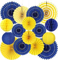 Décorations de fête bleues et jaunes, éventails en papier bleu marine et jaunes, boules en nid d'abeille et lanternes pour anniversaire, baby shower, mariage