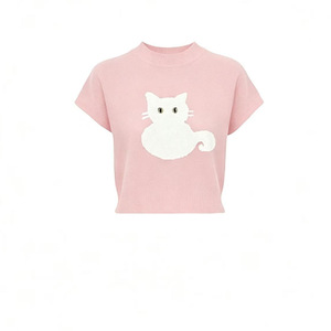 Women's Pink <b>Cat</b> Print Short Sleeve Knit <b>Top</b> Crew Neck Slim Fit Summer 2026 - Product Image 1