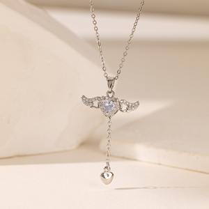 איכות מעולה נירוסטה מצופה זהב 18k שרשרת יהלום אנחל כנפיים ורוד תליון לב רנינסטון ורוד - Product Image 4