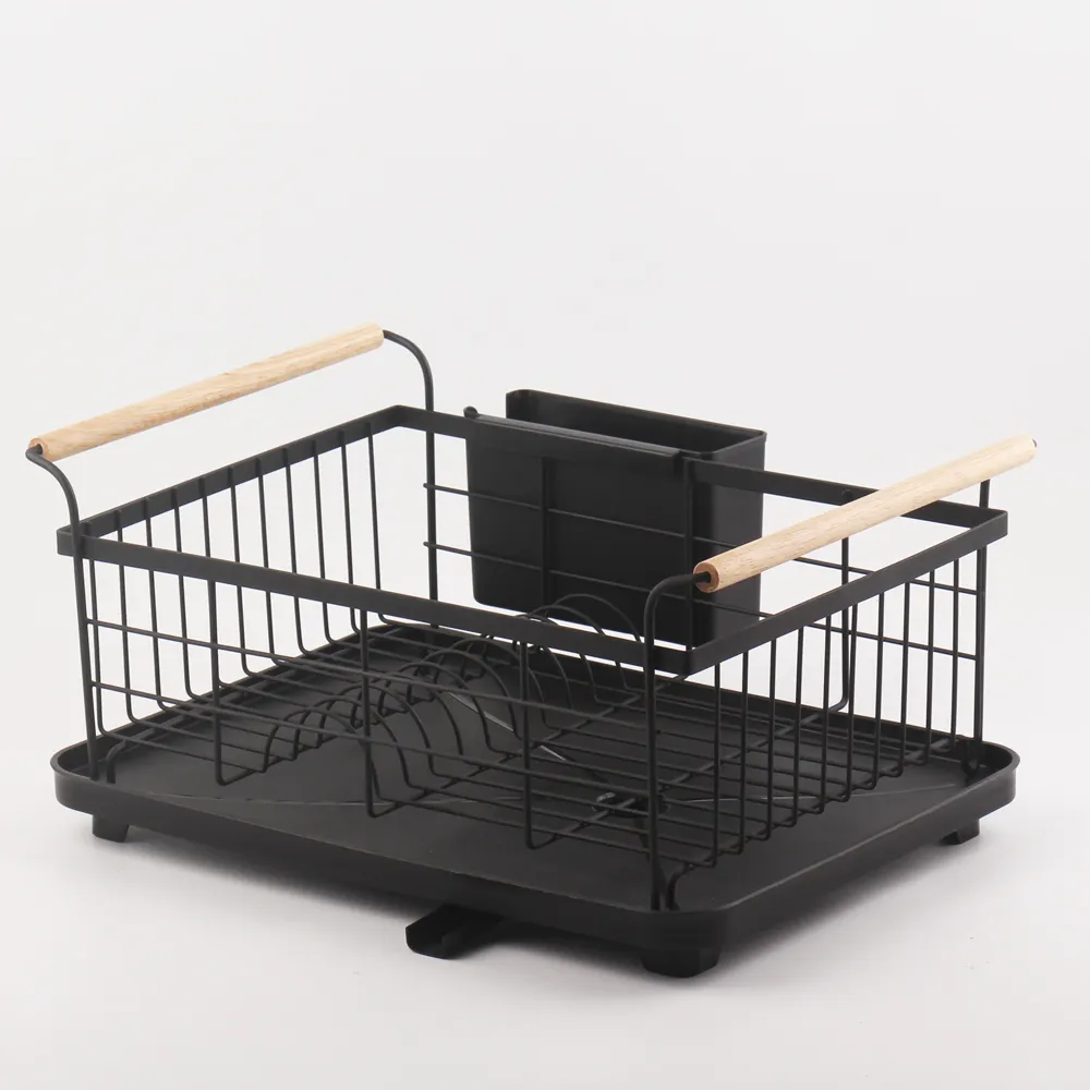 Dish Drying Rack and Drainboard Set with Bamboo Handles, Removable Utensil Holder and Adjustable Swivel Spout