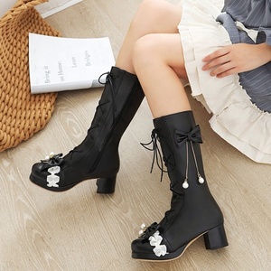 2020 New Arrivals Cosplay Mid-Calf Side Zip Women <b>Boots</b> Fashion Pearl Bowtie Round Toe <b>Boots</b> Shoes Large Size 46 Booties - Product Image 6