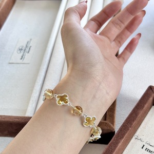 Bracelet en alliage trèfle à quatre feuilles en cristal naturel, améthyste jaune et blanche, bijou porte-bonheur polyvalent, style Ins pour femme, longueur standard - Product Image 4