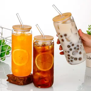 Fashion environmental high-temperature resistant 350ml 550ml thickened glass can cups with bamboo lids and straws