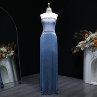 Vestido de Noche Lsz520 de Lujo, Azul Cristal, Sin Tirantes, con Flecos de Cintura con Cuentas Hechas a Mano, para Mujer, Vestidos de Fiesta de Boda, Jancember