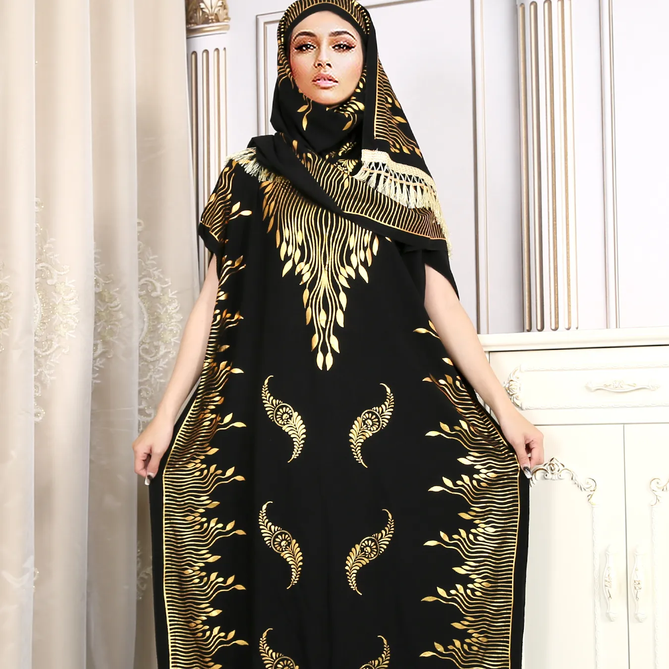 Wholesale Muslim Dubai 2 Set Muslim Dress Open Abaya Floral Printing Islamic Clothing Loose swing Muslim Dress