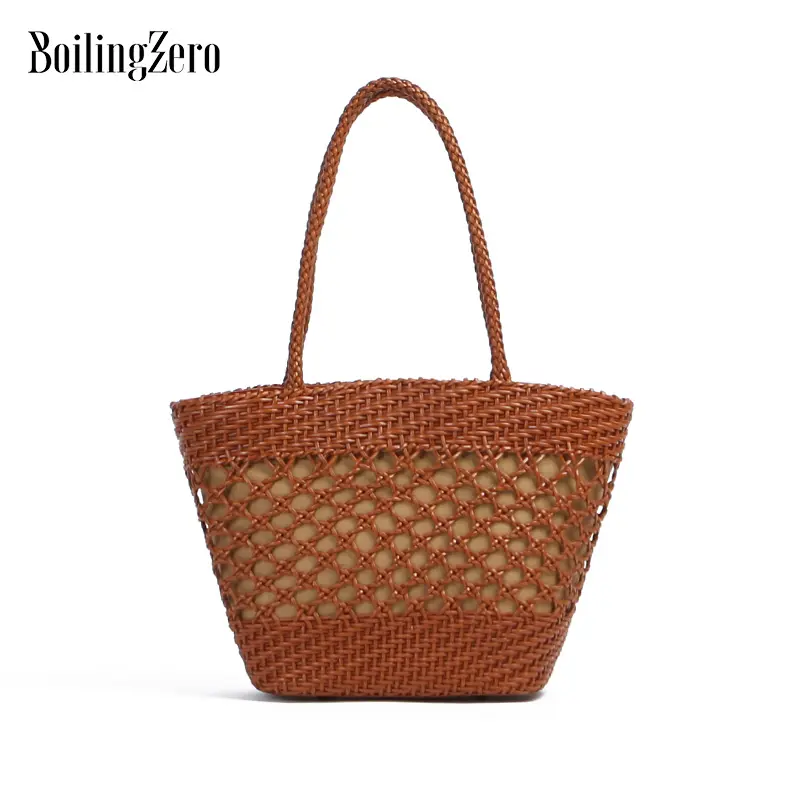 Knitting Handbags Women Leather Casual Vintage Style Straw Weaving Tote Bag Top-Handle Woven Handbag Hand Crafted Calf Hides