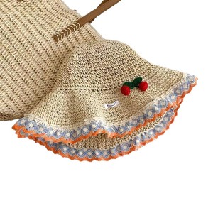 Cherry Ribbon <b>Straw</b> <b>Hat</b> Wide Brim Foldable Sun Protection Beach Vacation <b>Hat</b> For Women Fresh Sweet Style Summer Sunshade - Product Image 5