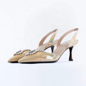 Zapatos de Tacón Alto con Tira Trasera y Decoración de Diamantes para Mujer, Parte Superior Metálica, Sandalias de Vestir de Seda con Tira en el Talón - Product Image 3