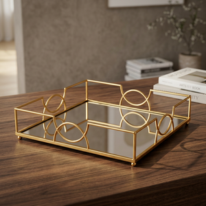 Modern <b>Gold</b> Plated Rattan <b>Rectangular</b> Storage Tray <b>Mirrored</b> Surface Single Tier Dishwasher Safe Decorative Organizer Table Top - Product Image 1
