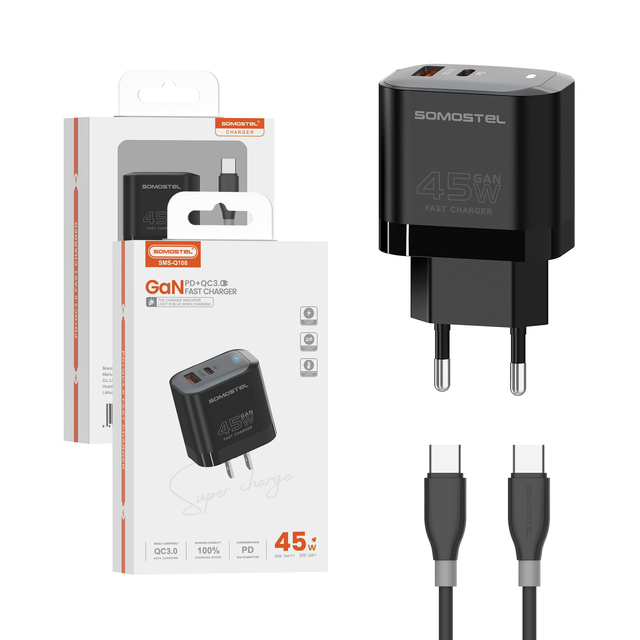 Manufacture EU US 45W GAN PD QC Dual Ports LED 3A Fast Charging Type c Cable Travel Adapter Wall Charger for Cellphone