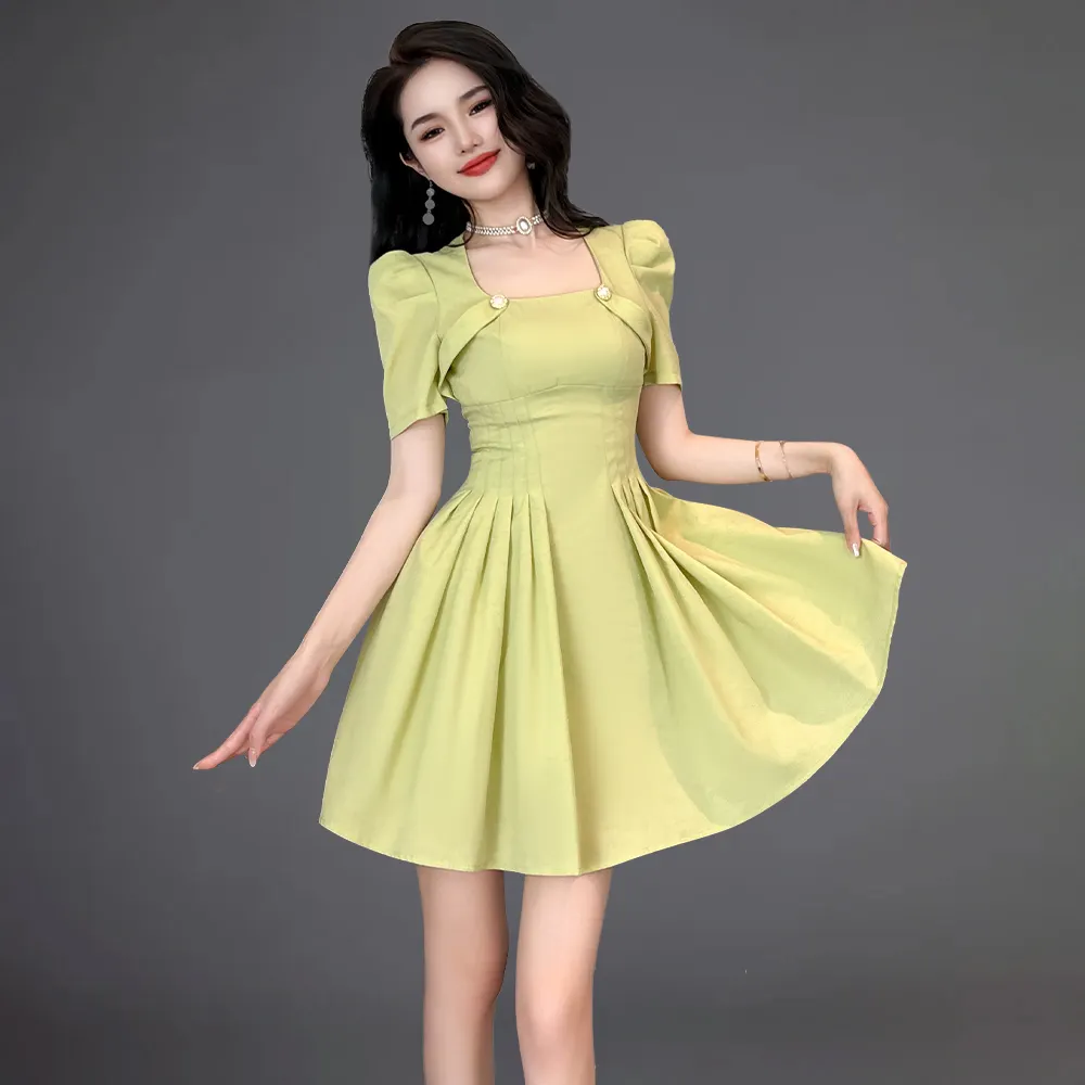 Zyht 20432 mùa hè mới nhất thiết kế tính khí Linen tiệc bữa ăn tối bữa tiệc sinh nhật Mini Dress vuông cổ một dòng Swing Dress