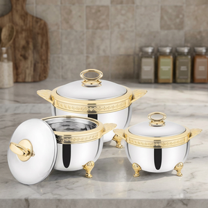 Ensemble de casseroles modernes de luxe en acier inoxydable avec revêtement émaillé et accents dorés, design rond pour cuisinières à gaz et à induction - Product Image 6