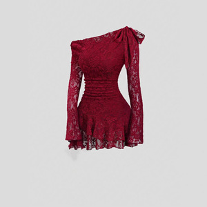 Robe <span class=keywords><strong>rouge</strong></span> en dentelle à épaules dénudées, manches longues, encolure asymétrique, robe de soirée décontractée - Product Image 1